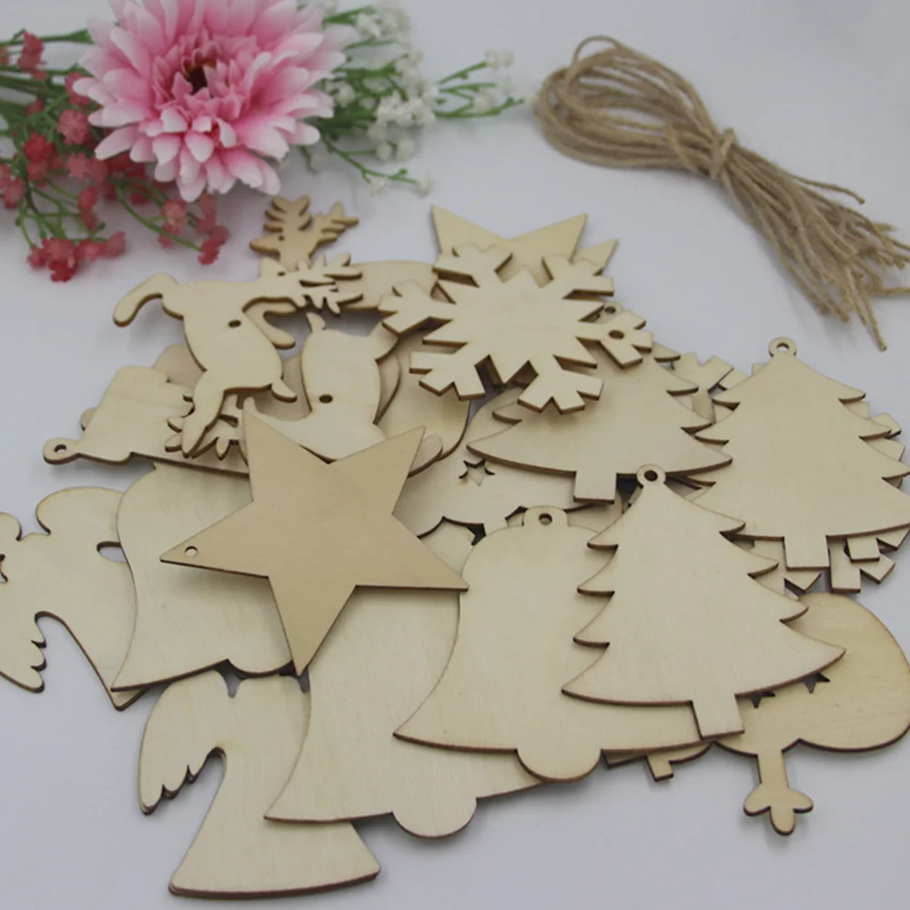 

30 PCS 6 Styles Wooden Christmas Hanging Ornaments for DIY Wood Crafts Christmas Decoration Christmas Tree Ornaments