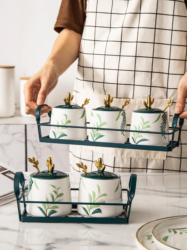 

Nordic Household Ceramic Seasoning Jars Set With Holder Sugar Salt Pot Kitchen Storage Tools