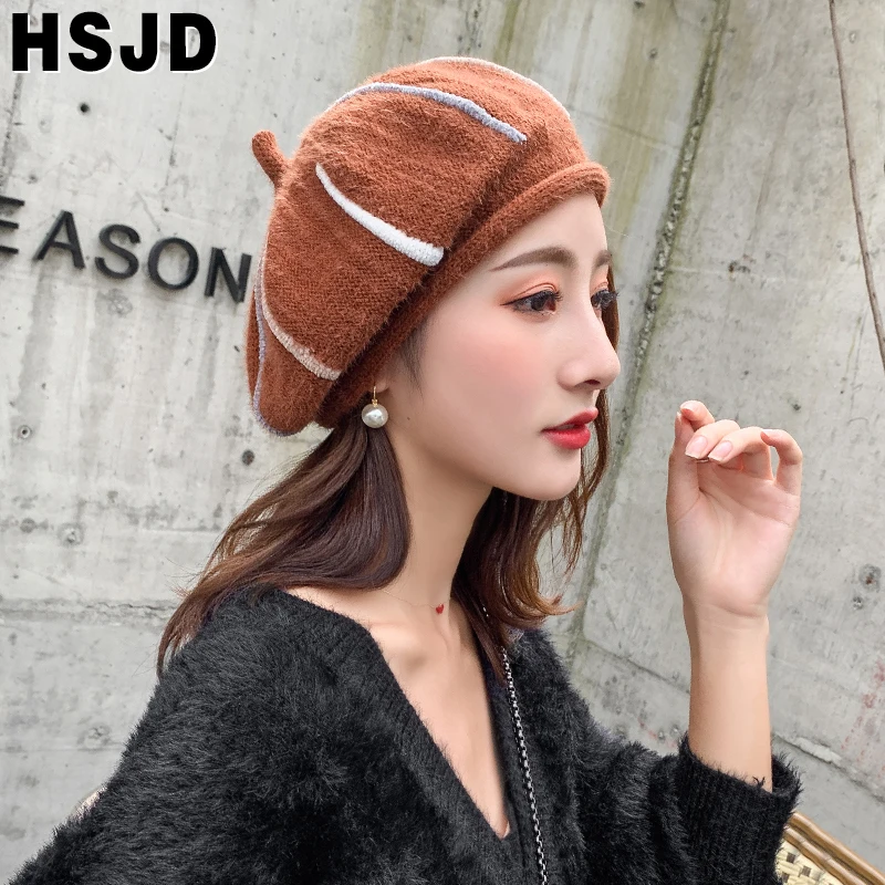 Шапка-бини Женская плюшевая теплая шапка-полосатый берет из смешанной норки