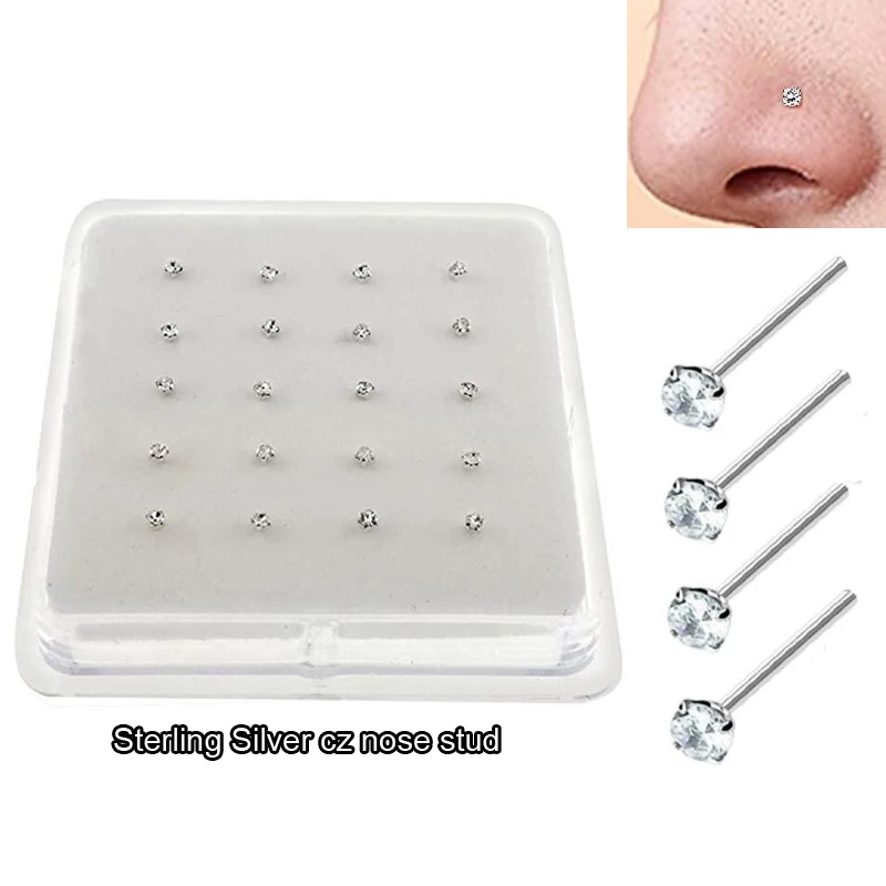 

20pcs 925 sterling silver Nose Stud Round Cubic Zirconia Nose Piercings Nose Pin Nostril Piercing Jewelry 24G