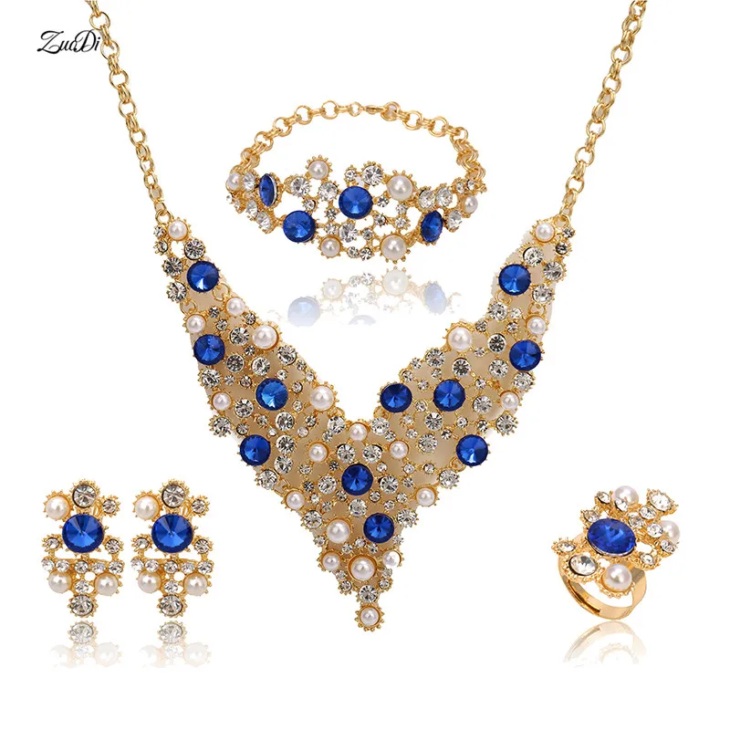 

ZuoDi 2018 Nigerian Wedding African Beads Brand Jewelry Set women customer Dubai Gold Crystal Blue Jewelry Set Wholesale design