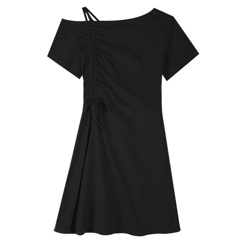 

Casual Short Sleeve Drawstring Dress Ladies Cold Shoulder Dress Asymmetrical Collar Women Dresses