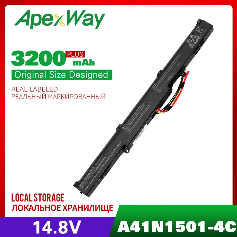 ApexWay 4 клетки Аккумулятор для ноутбука Asus A41N1501 A41LK9H N552 N552V GL752 GL752V GL752VL GL752VLM GL752VW GL752VWM