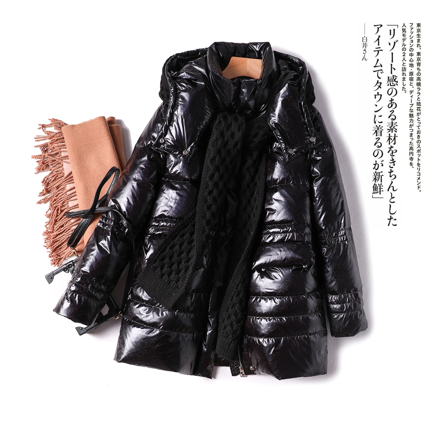 

SHUCHAN OVERSIZED Winter Coat Down Jacket Women Wide-waisted Appliques with A Hood Down Jackets Female Korean