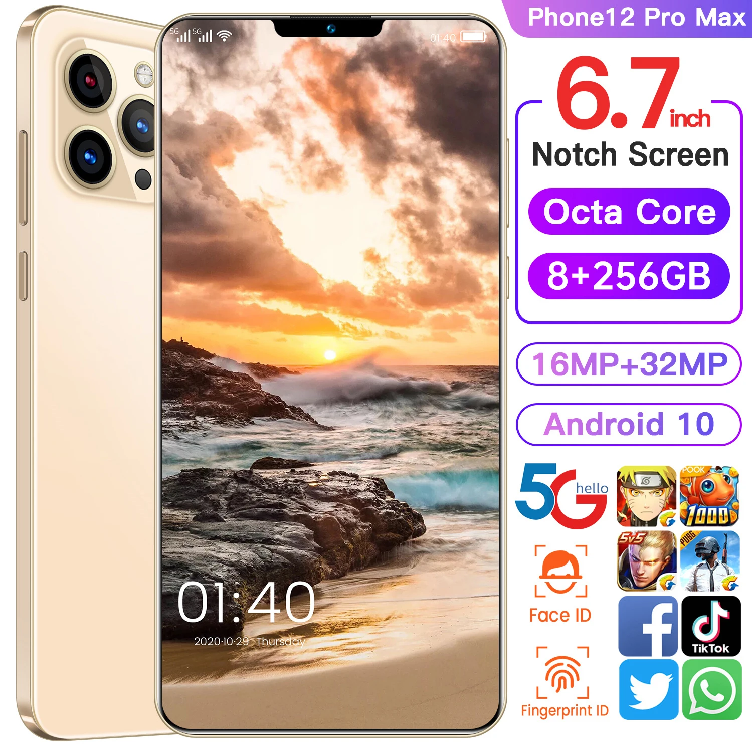 

6.7inch I12 Pro Max 8GB+512GB 24MP+48MP 4800mAh Battery Smartphones Android 10.0 5G 10 Core Telephone Face ID
