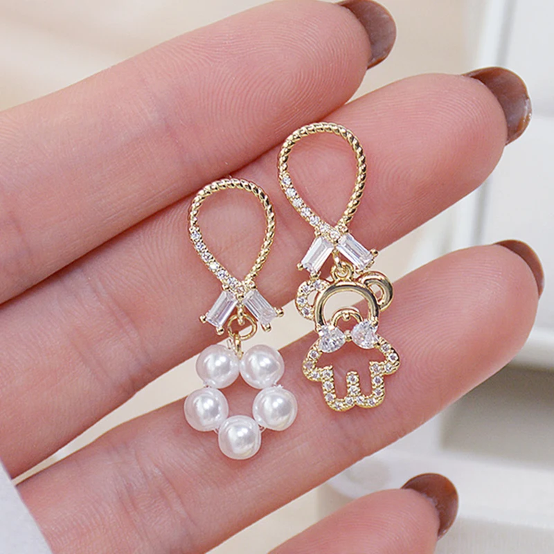 

14 Real Gold Cute Little Bear Pearl Earrings for Women Luxury Jewelry Copper Micro-inlaid AAA Zircon High Quality S925 Gift