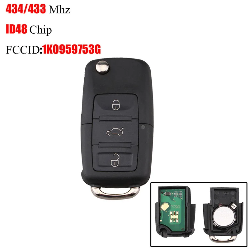 

3 кнопки дистанционного ключа для VW 1K0959753G ID48 чип 434 МГц для VOLKSWAGEN VW PASSAT B5 B6 Skoda Tiguan Touran GOLF JETTA POLO