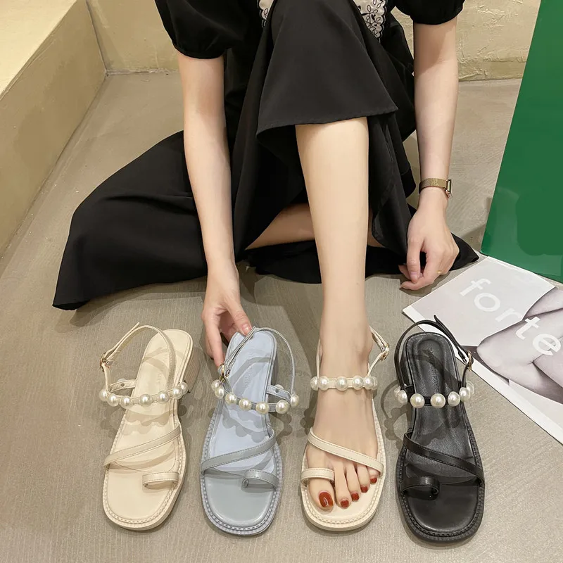 

Pearl Sandals 2021 Women's Flip Flops Platform High Heels Buckle Strap All-Match Female Shoe Med New Comfort Corrective High-hee