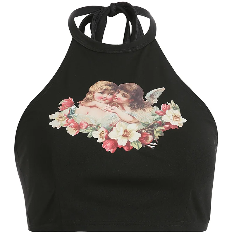 Женский укороченный топ с открытыми плечами летний лямкой на шее и принтом