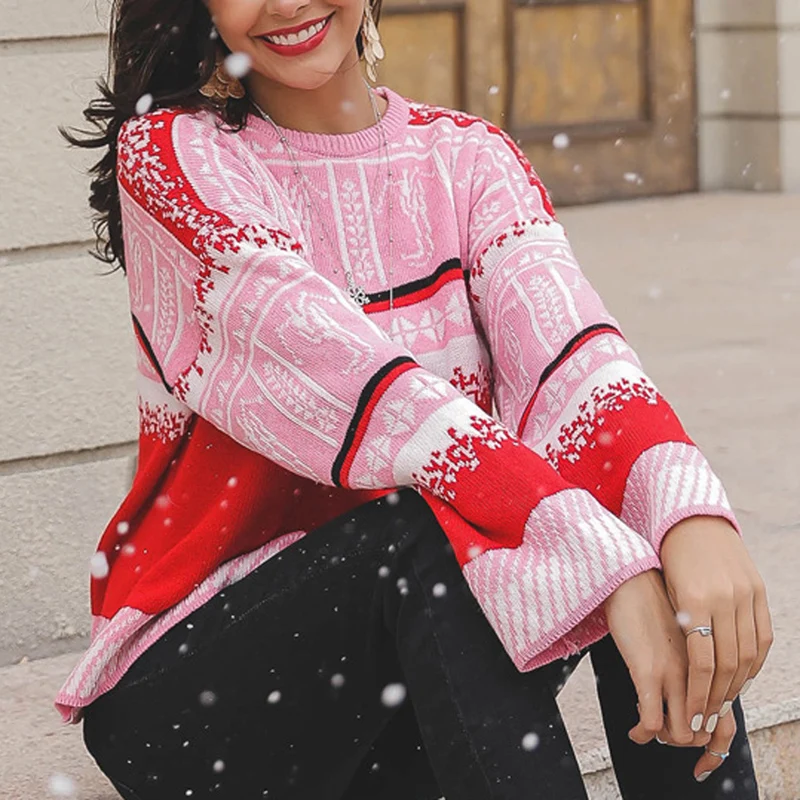 Vintage Merry Christmas Sweaters Women Long Sleeve Autumn Winter Print Knitted Female Pullover Chic Top Jumper | Женская одежда