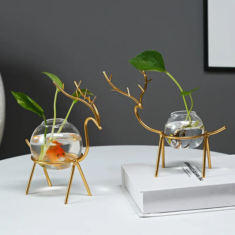 Terrario hidropónico para plantas, jarrón transparente de hierro con marco de ciervo, pecera de vidrio, decoración de bonsái para el hogar