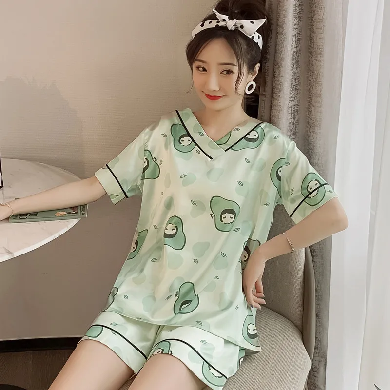 Home Clothes for Women Pajamas with Shorts Summer Thin Short-sleeved Korean Sweet Lovely V-neck Silk 2 Piece Pajama Set Women