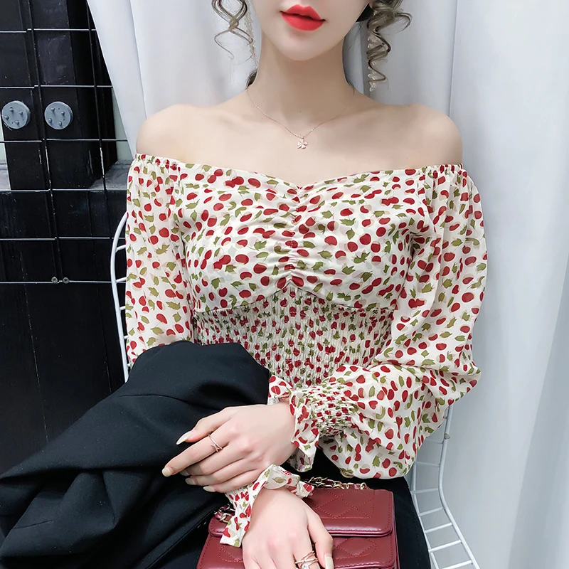 

Women's Floral Shirt 2021 New Spring Retro Style Fashionable Red Square Collar Puff Sleeve High Waist Tight Waist Chiffon Top