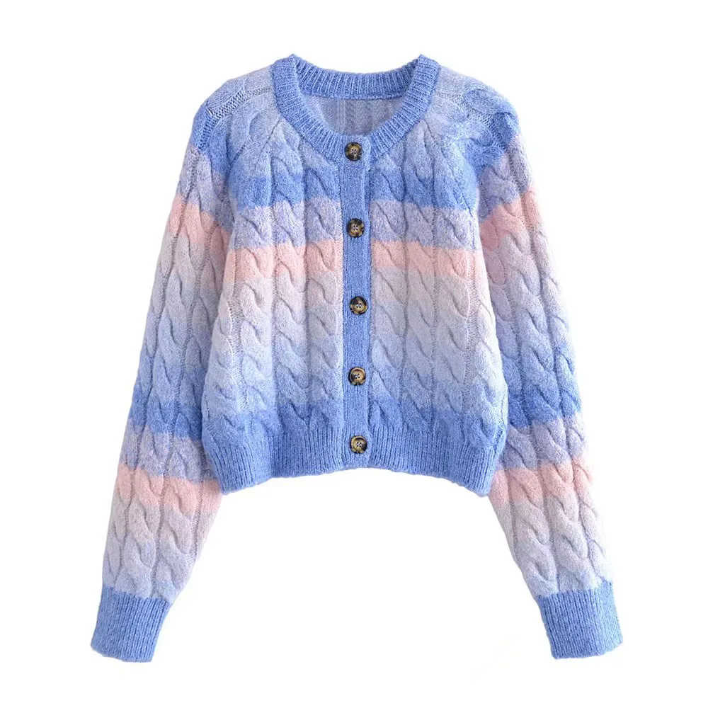 

Зимний новый стиль полосатый контрастный твист восьмижильный оплетенный короткий кардиган с круглым вырезом свитер вязаная куртка