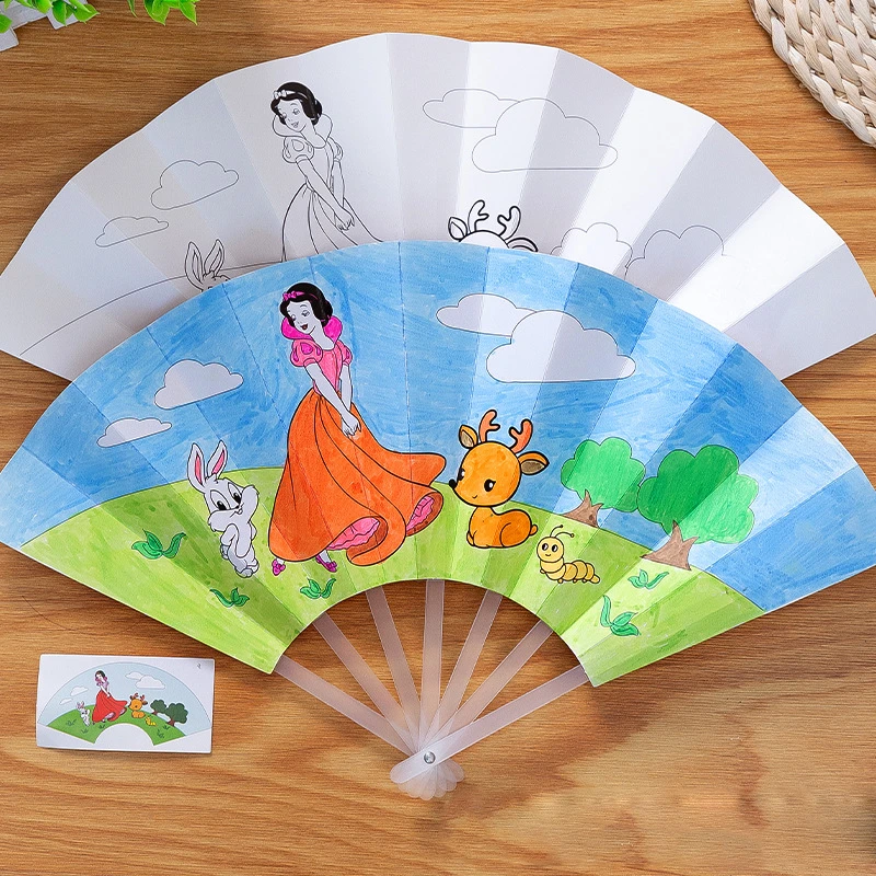 21cm Painting Summer Fan DIY Toys For Children Cartoon Animal Color Graffiti Origami Fan Art Craft Toy Creative Drawing Kids images - 6