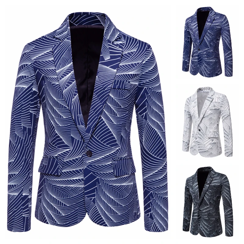 

New Blazer Jacket Fashion Men's One-Button Stripe Print Jacket Dress Coat Casual Business Male Suit Coat