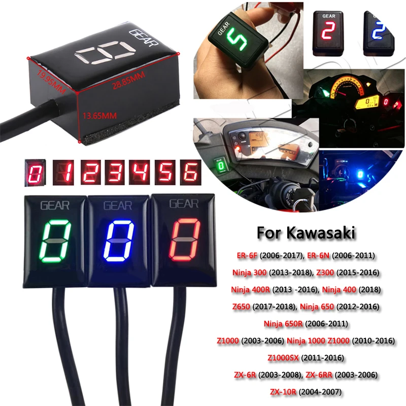 

Светодиодный индикатор для Kawasaki, 6-Скоростной, с цифровым дисплеем, пластиковая фара для мотоцикла, с прямым подключением, красный/синий/зел...