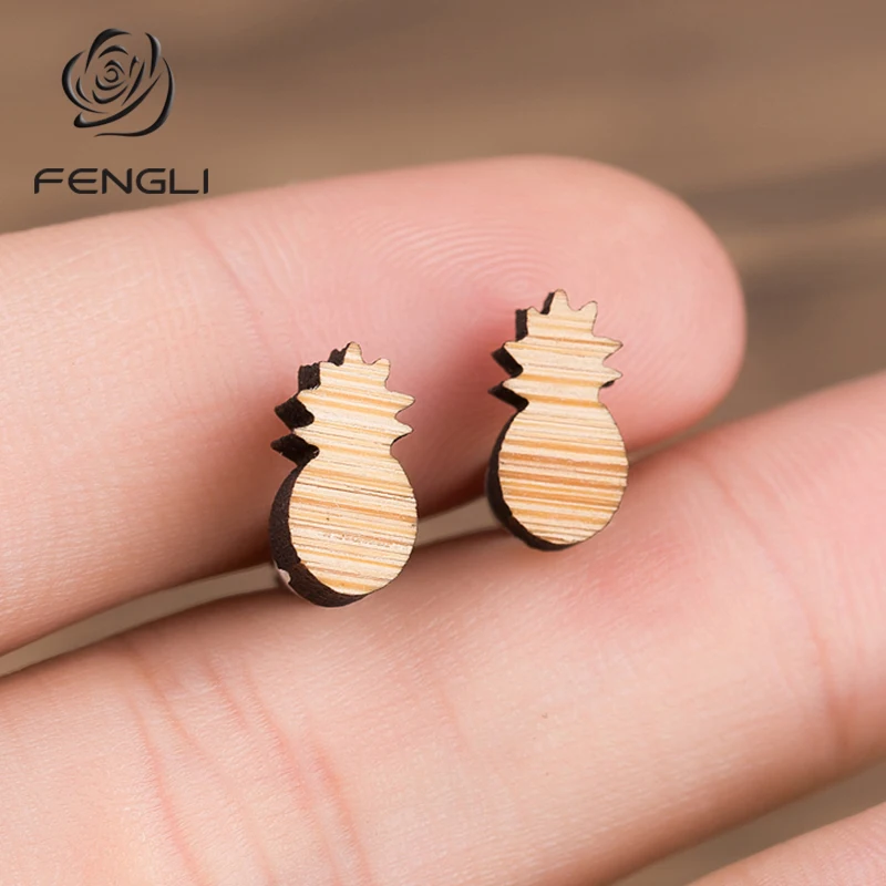 Женские серьги-гвоздики с ананасом FENGLI деревянные минималистичные Изящные