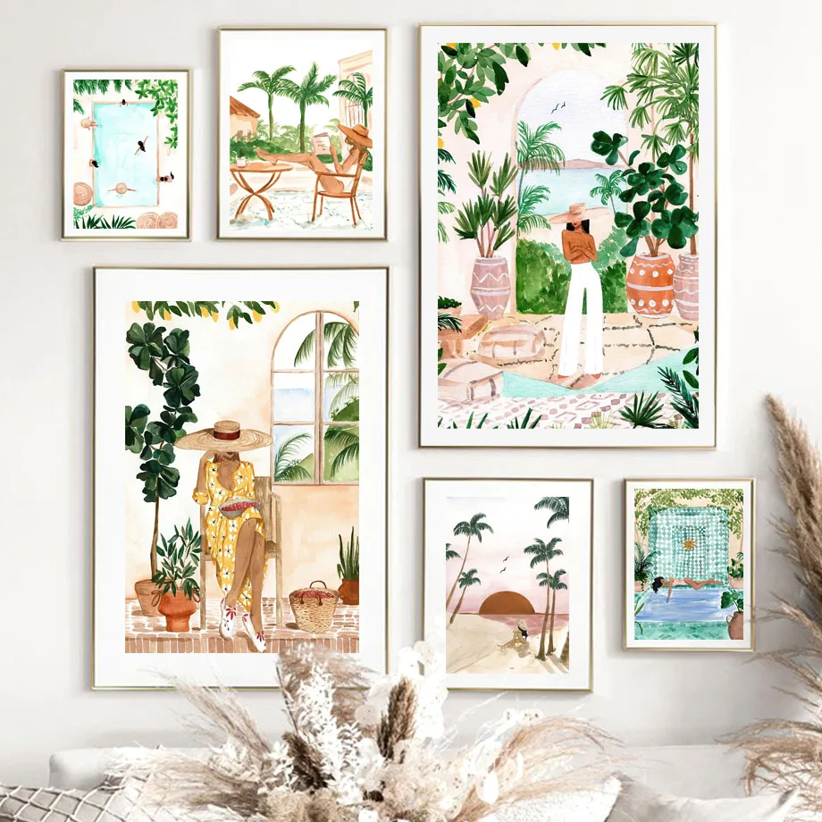 

Hawaii Palm Leaf Morocco Girl Boho Plants Wall Art Canvas Painting Nordic Posters And Prints Wall Pictures For Living Room Decor