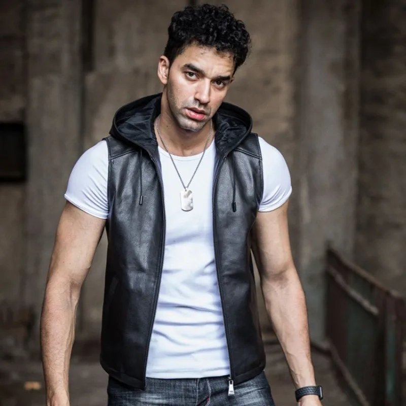 Высокое качество для мужчин высокого 100% настоящая козья кожа жилет с капюшоном