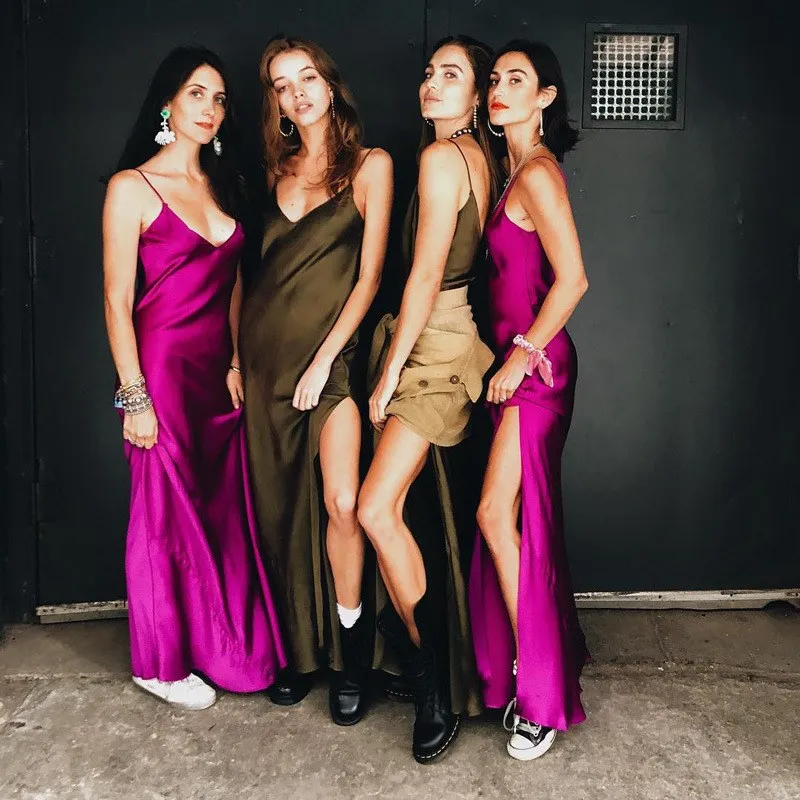 Атласное шелковое сексуальное Макси платье для женщин элегантное с v-образным