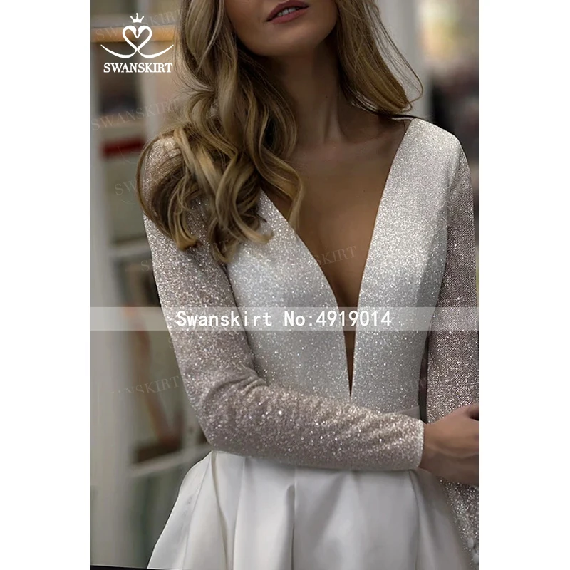 Stunning Satin Wedding Dress SwanSarah HZ32 Simple V-neck Long Sleeve A-Line Princess Bride Gown Customized Vestido De Novia | Свадьбы и