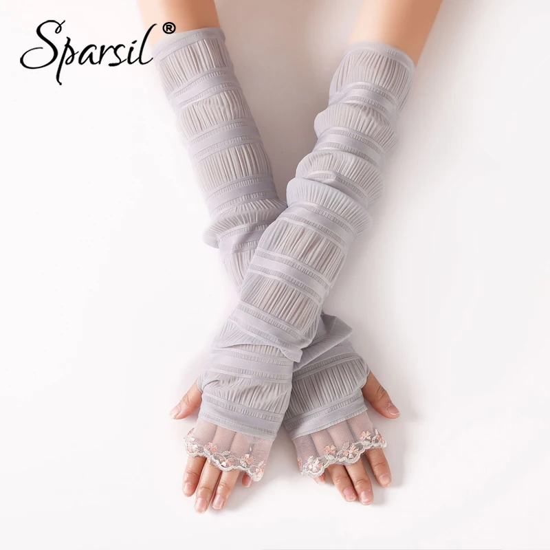 Sparsil Ladies Summer Lace Solid Long Gloves Thin Breathable Sunscreen Driving Sleeve Mittens Elegant Fingerless Female Gloves