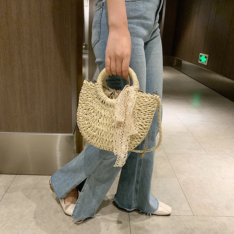 

New women's Summer Straw Bag Shoulder Bag Fashion Woven Lace Streamer Female Handbag Beach Vacation Beach Bag Messenger Bag