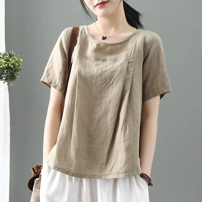 

Summer New Arts Style Women Short Sleeve O-neck Loose Tee Shirt Femme Cotton Linen Vintage T-shirt Plus Size Casual Tops M137