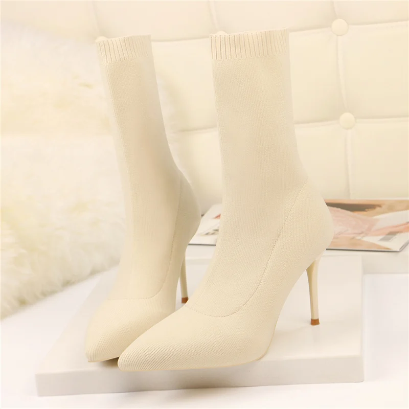 2019 женские эластичные ботинки Серебристый носок ботильоны на высоком каблуке