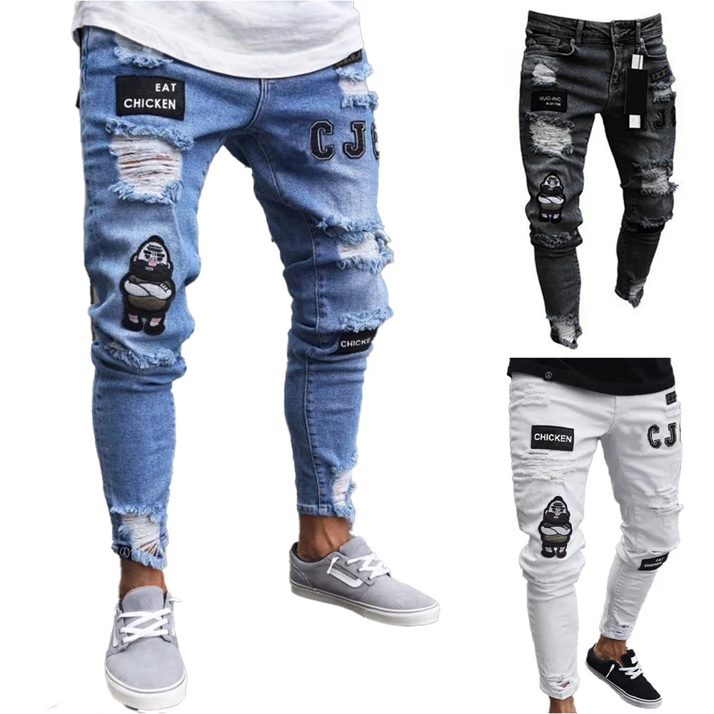 

Casual Hip Hiop Denim Jeans High Streetwear Skinny Badge Hole Pencil Pants Biker Male Destroyed Ripped Trouser jeans for men