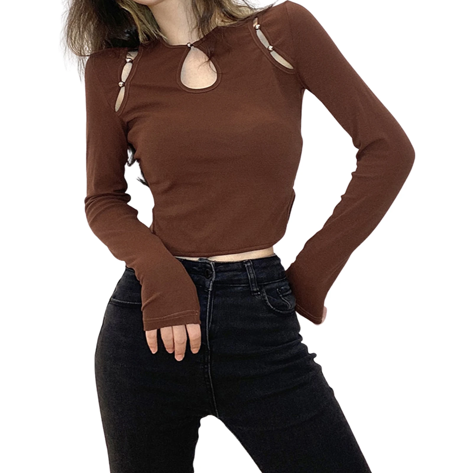 

Women Cut Out Crop Tops Round Neck Button Connected Long Sleeves Brown Tops for Spring Autumn Elegant Shirts Slim Sexy Blouses