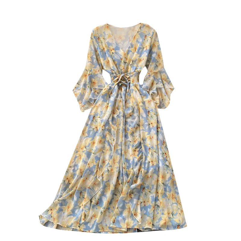 

Bohemian holiday print dress 2021 new summer Ruffles dress women's temperament V-neck tie waist sweet floral beach dress tide