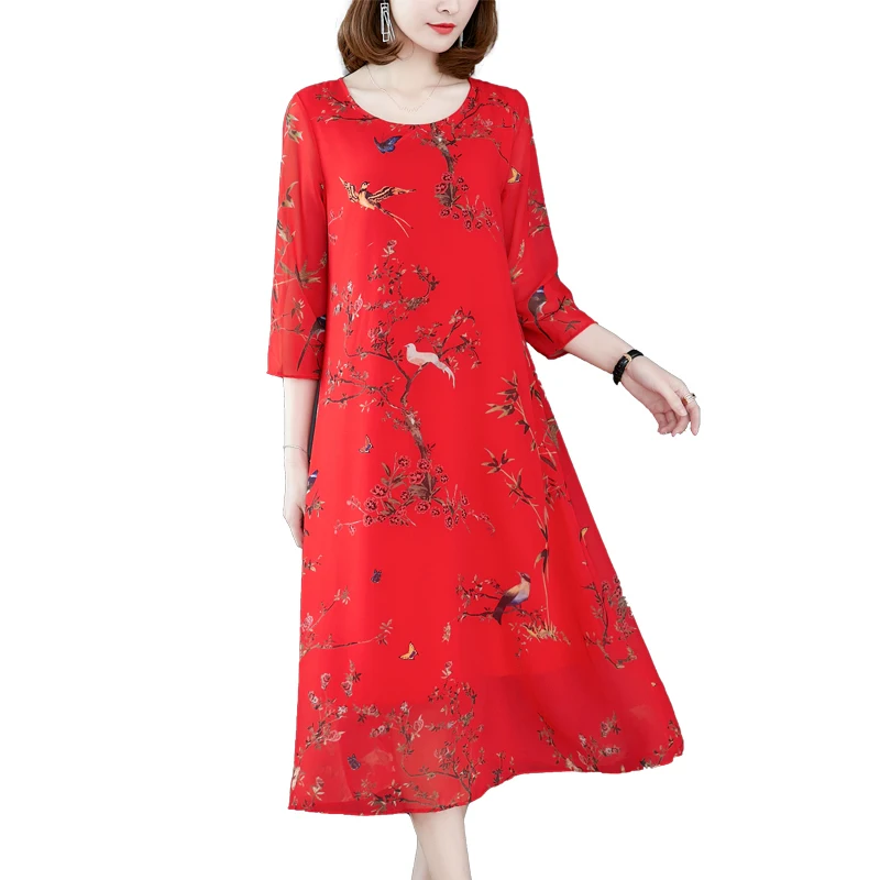 Летнее шелковое платье с принтом женские красные винтажные пляжные платья