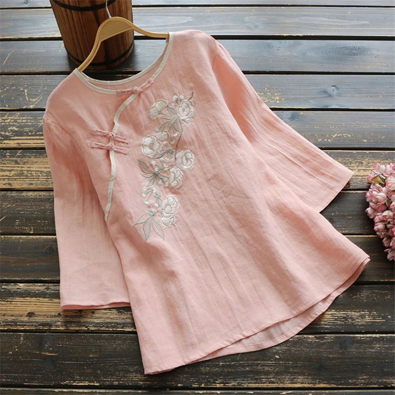 

Women Spring Summer Retro Buckle Shirt Top Chinese National Style Embroidery Three Quarter Sleeve Floral Cheongsam Shirts