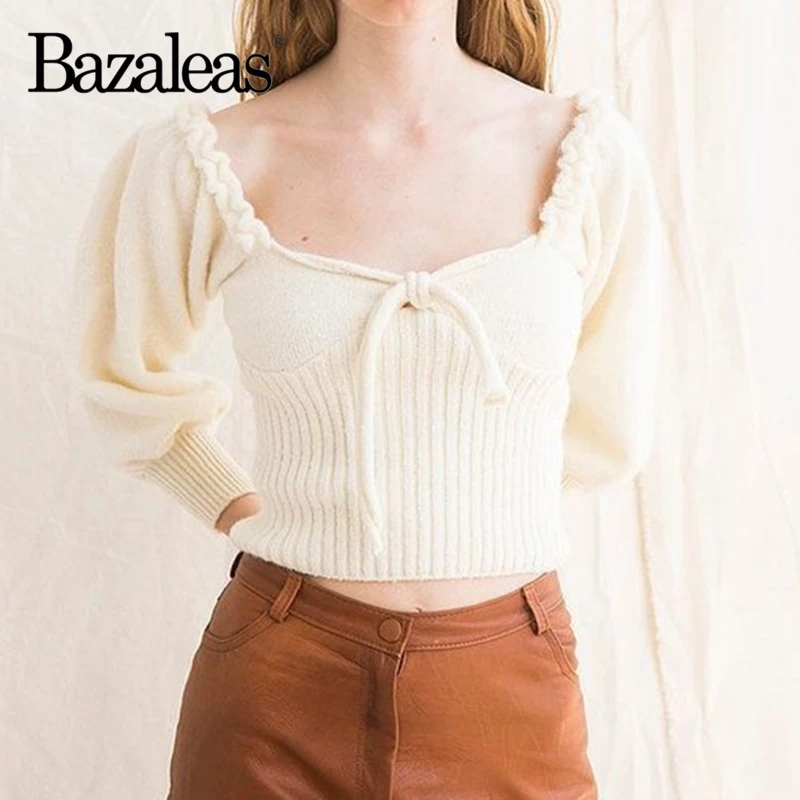 Bazaleas Elegant Lantern Sleeve Women Knitted Sweater Vintage sweater women France White Pullovers Dropshipping | Женская одежда