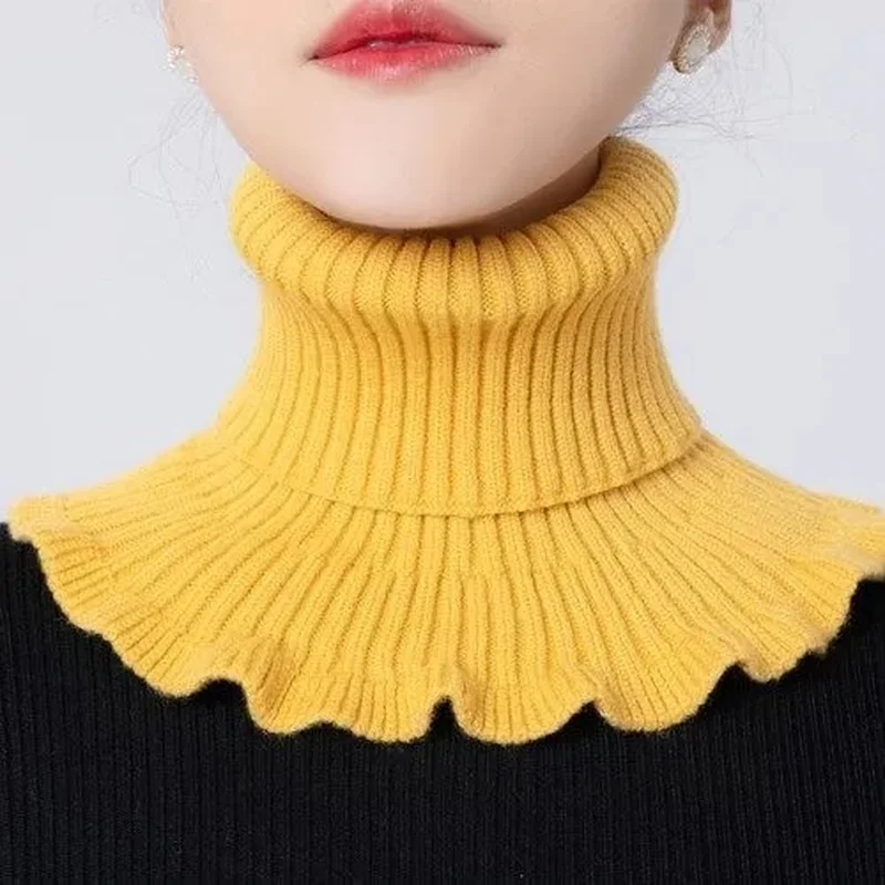 

Fake Collar Neck Guard Fall/Winter Womens High-neck Thicker More Versatile Collar Pure Color High-stretch Knit Ruffle Bib