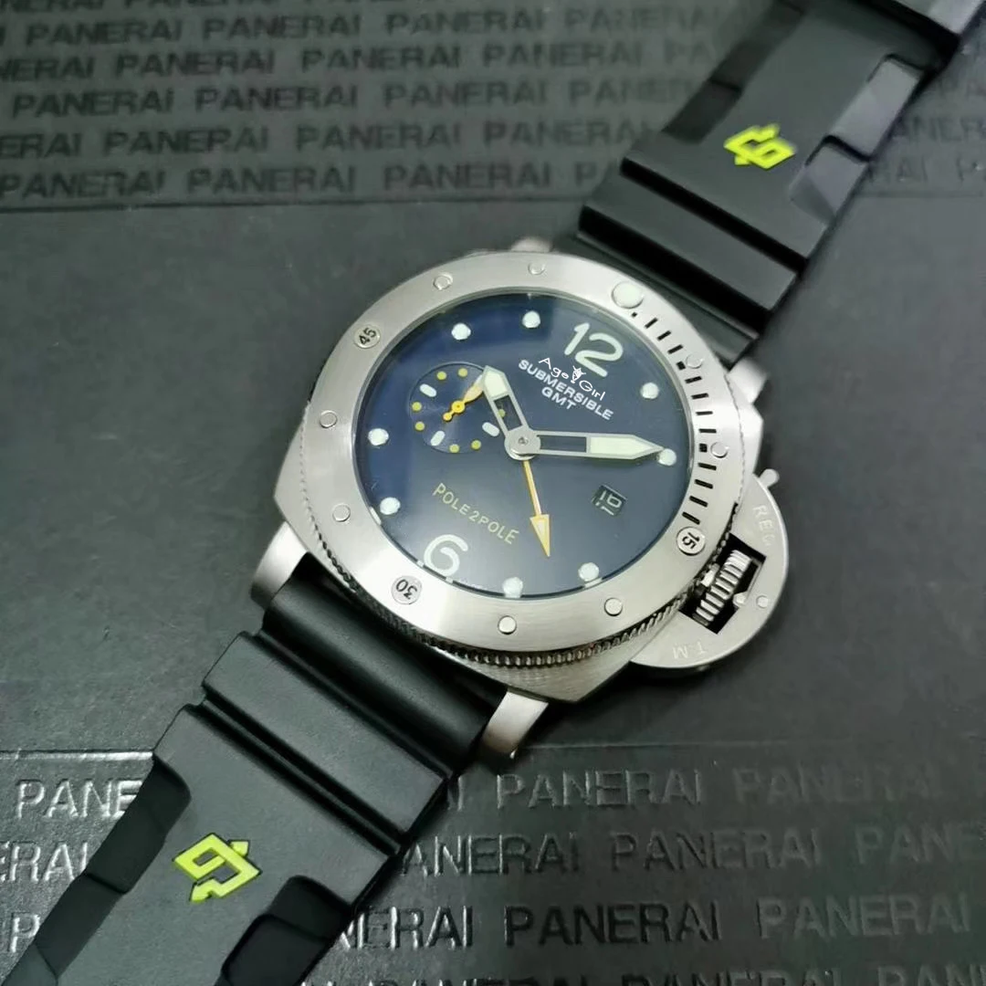 

Luxury Brand New Men Automatic Mechanical Sapphire Rubber Stainless Steel 1950 3 Days POLE 2 POLE GMT Watch Luminous Black 47mm