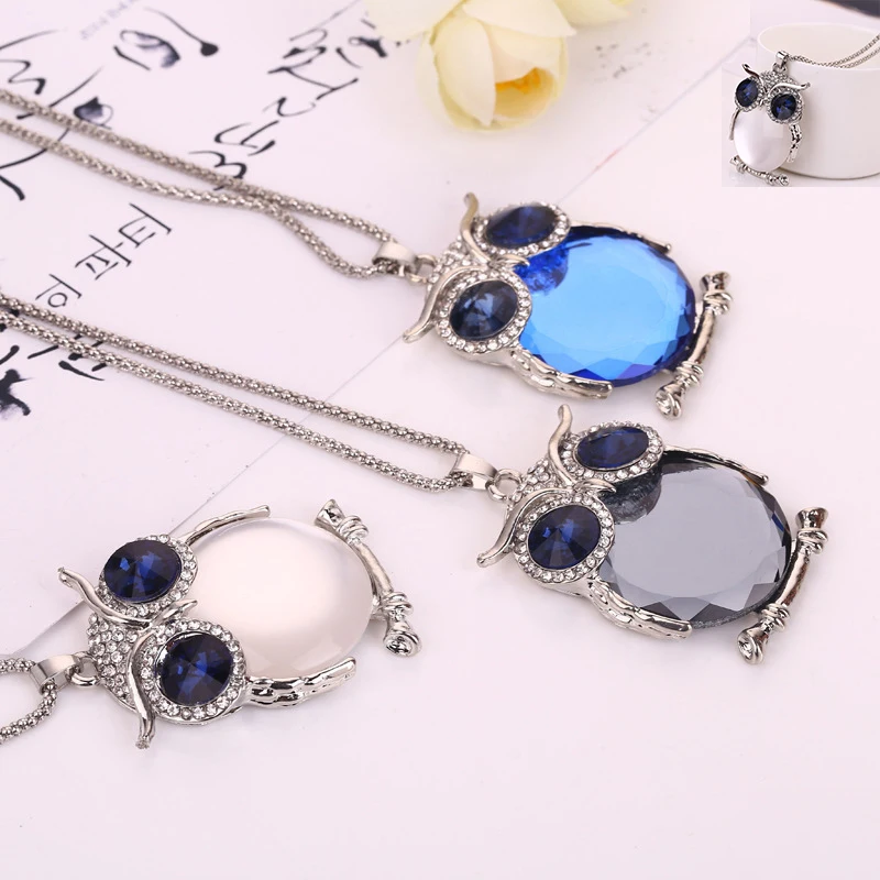 Fashion Cute Blue White Owl Crystal Pendant Necklace Rhinestone Sweater Chain Long Party Jewelry for Women Wholesale | Украшения и