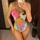 Женский раздельный купальник-бикини, с завышенной талией, с бантом и бриллиантами