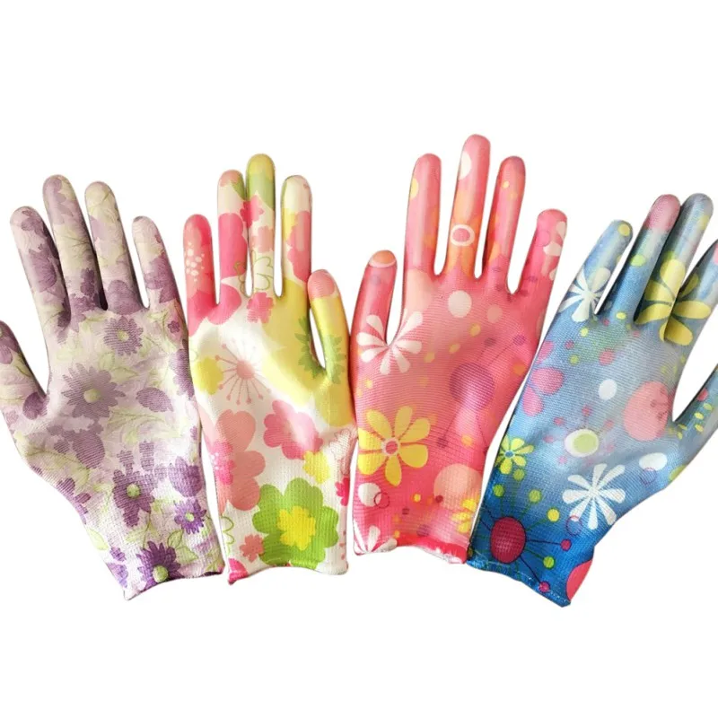 

Non-Slip Housework Cleaning Gloves Flower Printed PU Breathable Gardening Gloves Ladies Household Gardening Tools, Random Color