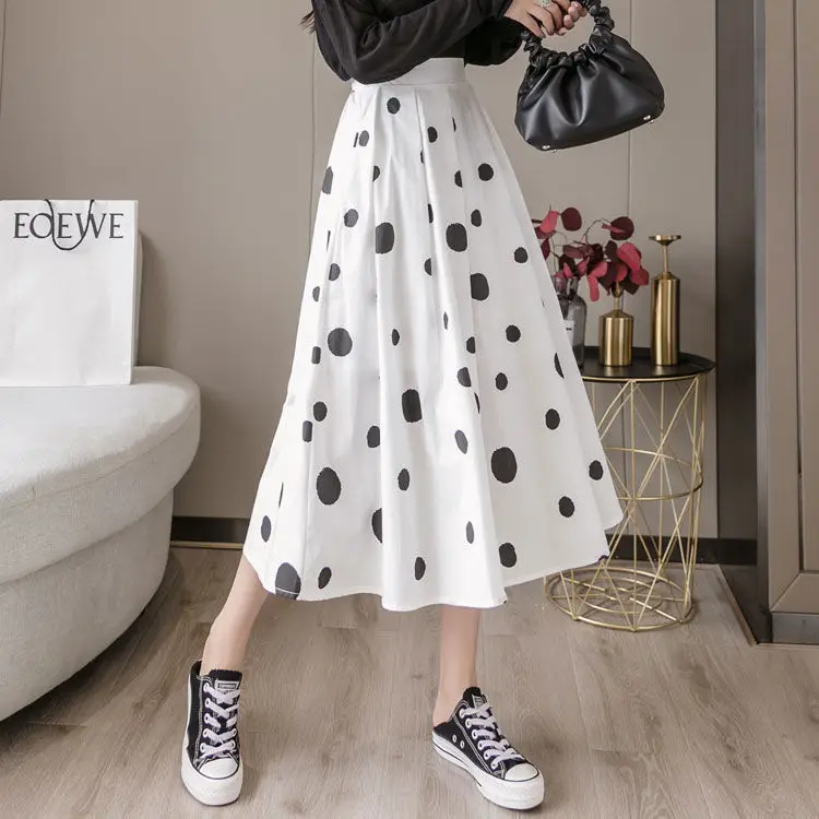 

2021 Spring Summer New Korean Women Polka Dot Cotton Skirts Casual Female High Waist A-line Skirt Elegant Boho Long Skirt X463