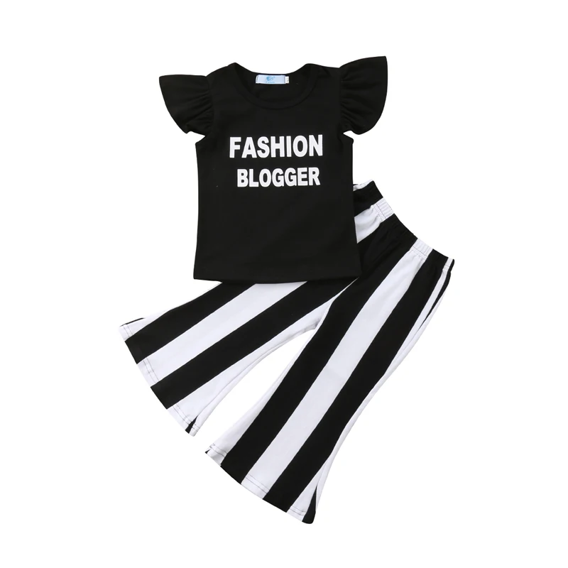 

2018-06-14 Lioraitiin 1-6Years Toddler New Fashion 2PCs Kids Baby Girl Toddler Tops T-shirt Long Flare Striped Pants Outfit