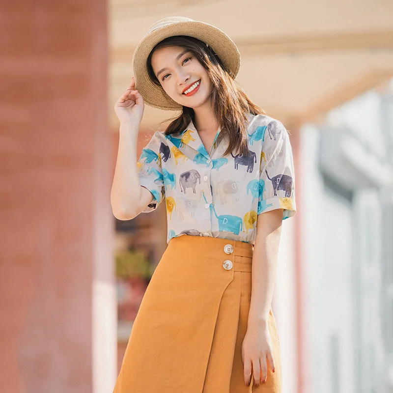 Повседневная модная блузка с коротким рукавом из чистого хлопка принтом слона