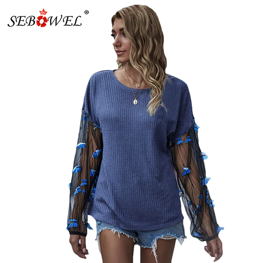 

SEBOWEL Autumn Spring Women Long Lantern Sleeve Knitwear Tops Female Mesh Lace Patchwork Net Yarn Waffle T-shirts Tees S-XL