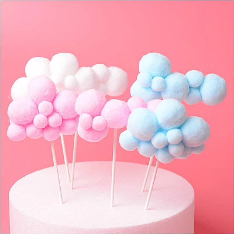 1PC Macaroon Soft Pompom Cloud Cake Topper Happy Birthday Party DIY Top Flags Decoration for Festival New Year | Дом и сад