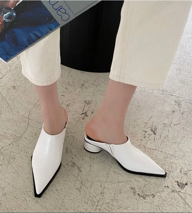 

Pointed Toe Low Square heel Slippers Casual Shoes Slipers Women Med Slides Female Mule Block Luxury 2021 Mules Cover Rubber Fabr
