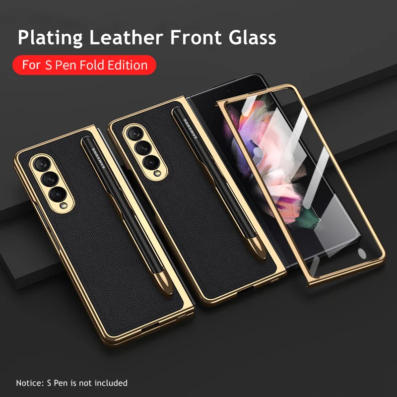 

Простой кожаный передний стеклянный чехол для Samsung Galaxy Z Fold 3 S чехол для телефона со слотом для ручки жесткий чехол с рамкой