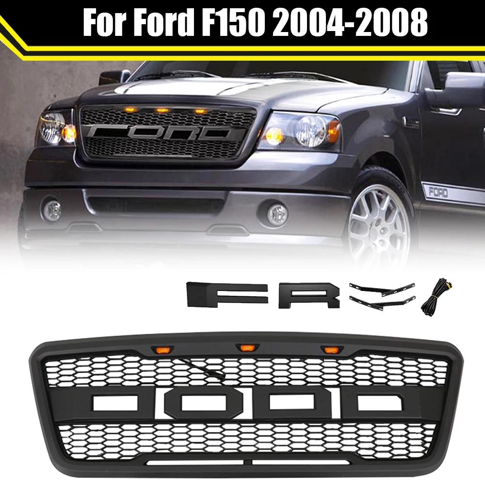 

Front Racing Grill ABS Matte Black Trim Replacement Grill Raptor Style With LED Lights And Letters Fit For Ford F150 2004~2008