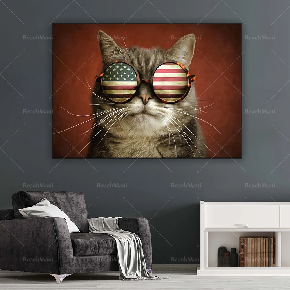 

Cat Canvas with Glasses Funny Print Art Print, Modern Canvas American Cat American Flag Glasses Wall Art Deco Canvas Poster